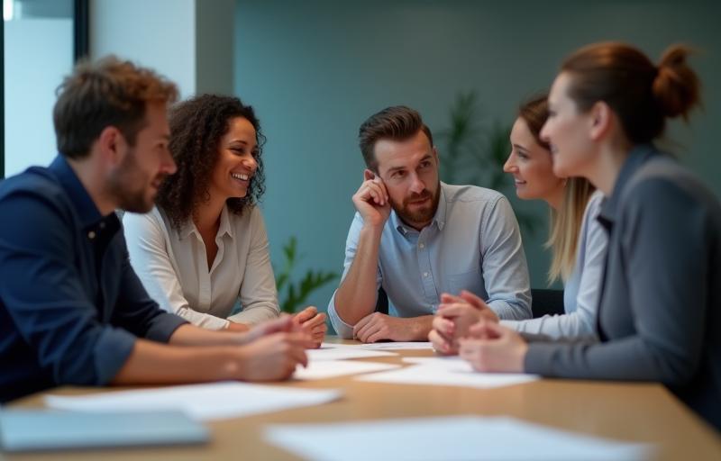 Small team discussing training materials in a modern office setting.