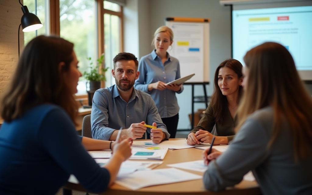Diverse group of professionals engaged in an interview training session, showing interaction and learning.